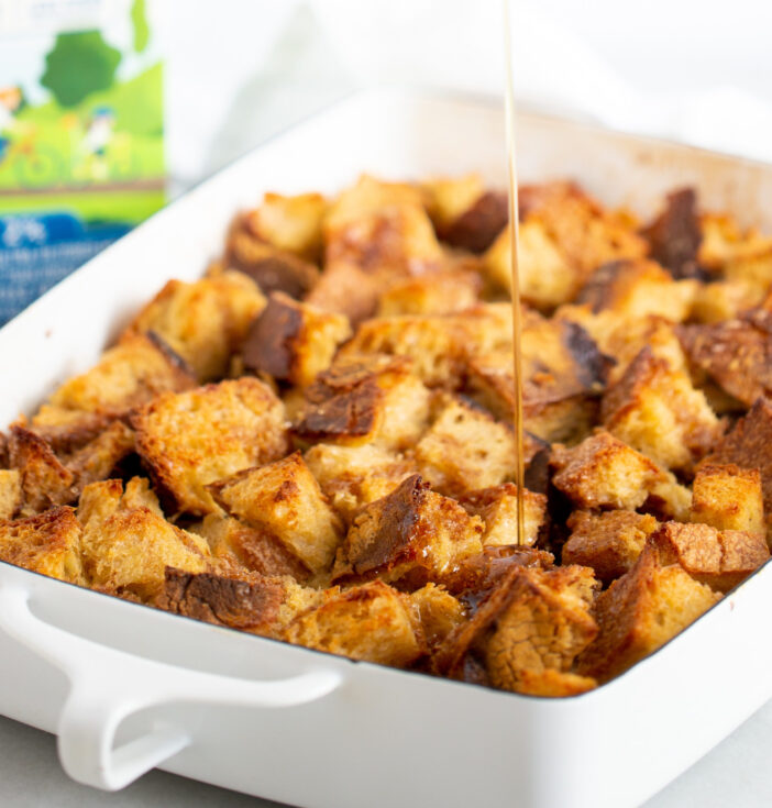 French toast casserole in a white serving dish