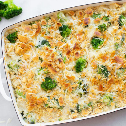 A casserole dish with cheesy broccolii dish