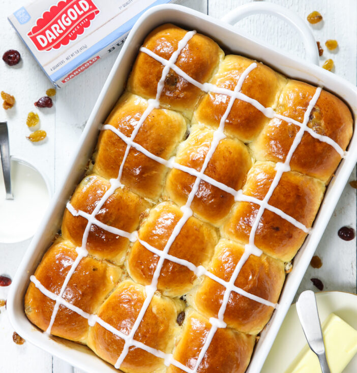 A pan of bake good with frosting